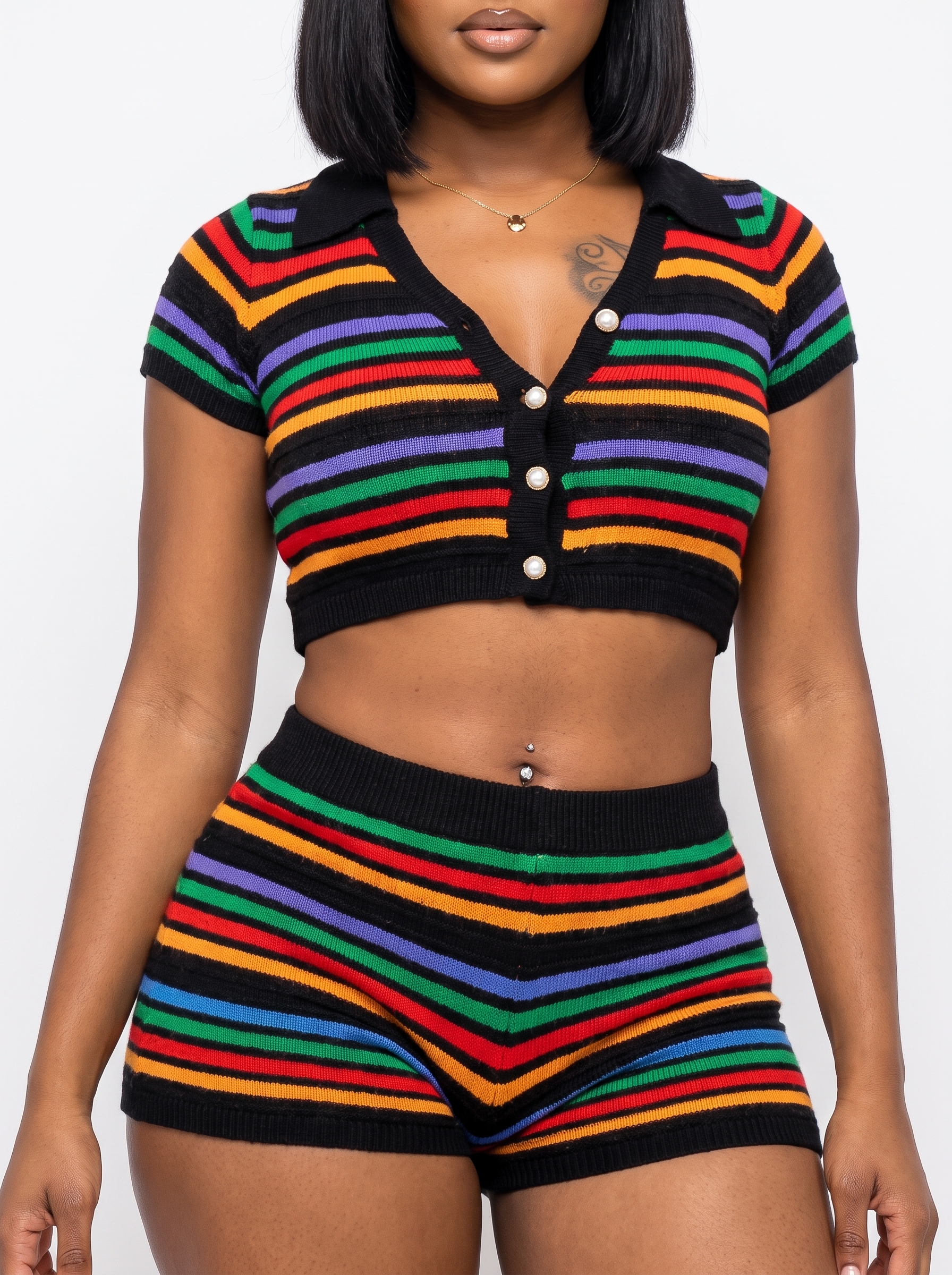 Angsuttc Short Sets Women 2 Piece Outfits Knit Crochet Striped Short Sleeve Button Down Crop Shirts and Shorts Set