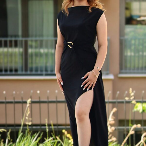 Black Cap Sleeve Belted Side Slit Maxi Dress