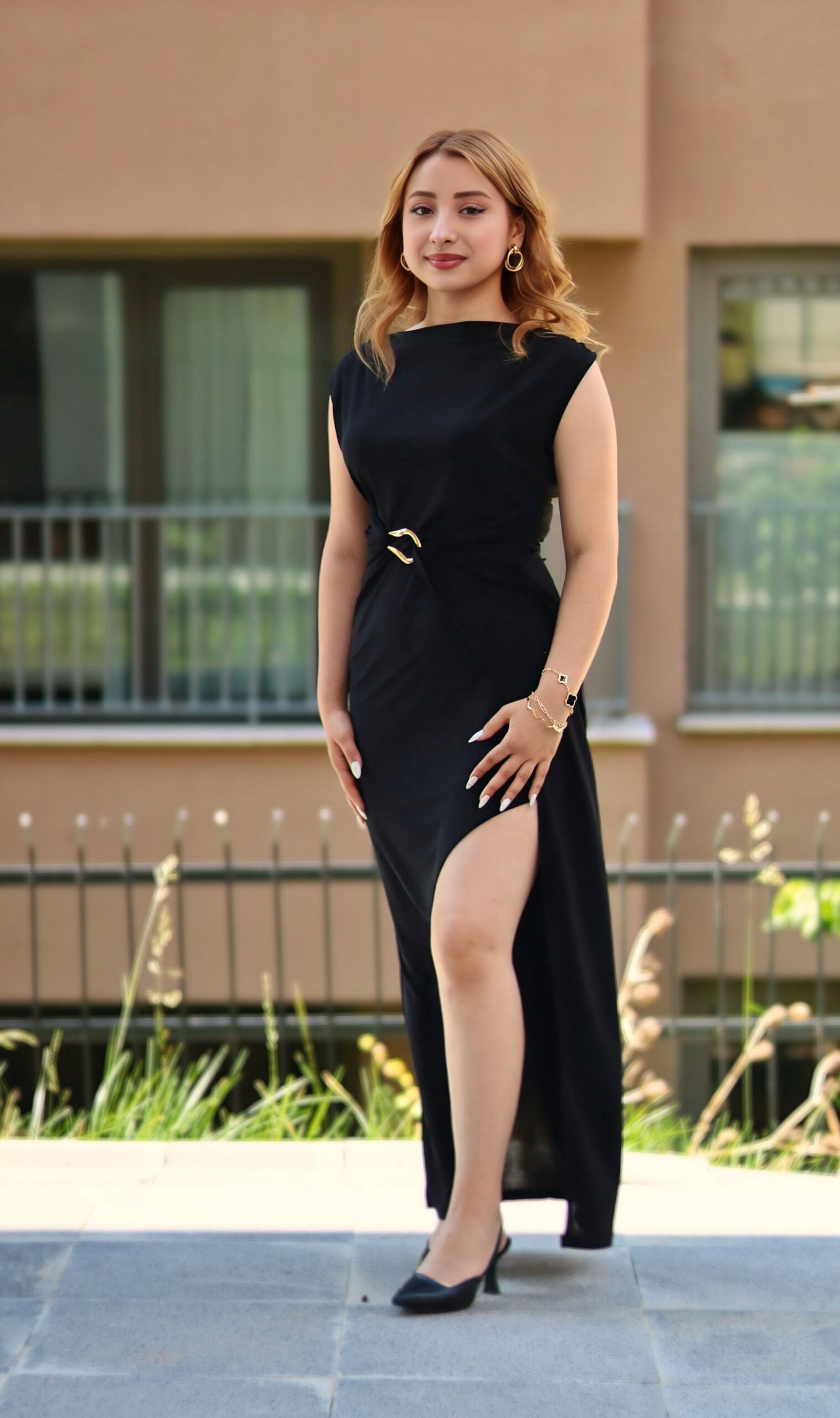 Black Cap Sleeve Belted Side Slit Maxi Dress