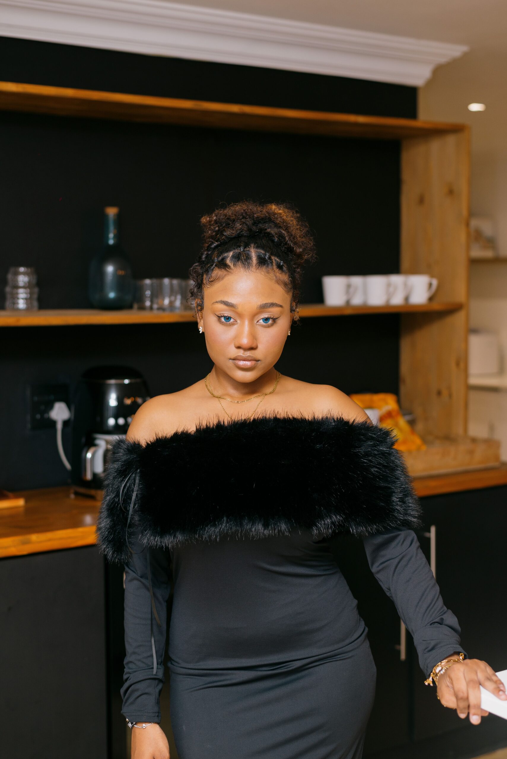 Black Off The Shoulder Faux Fur Trim Bodycon Dress