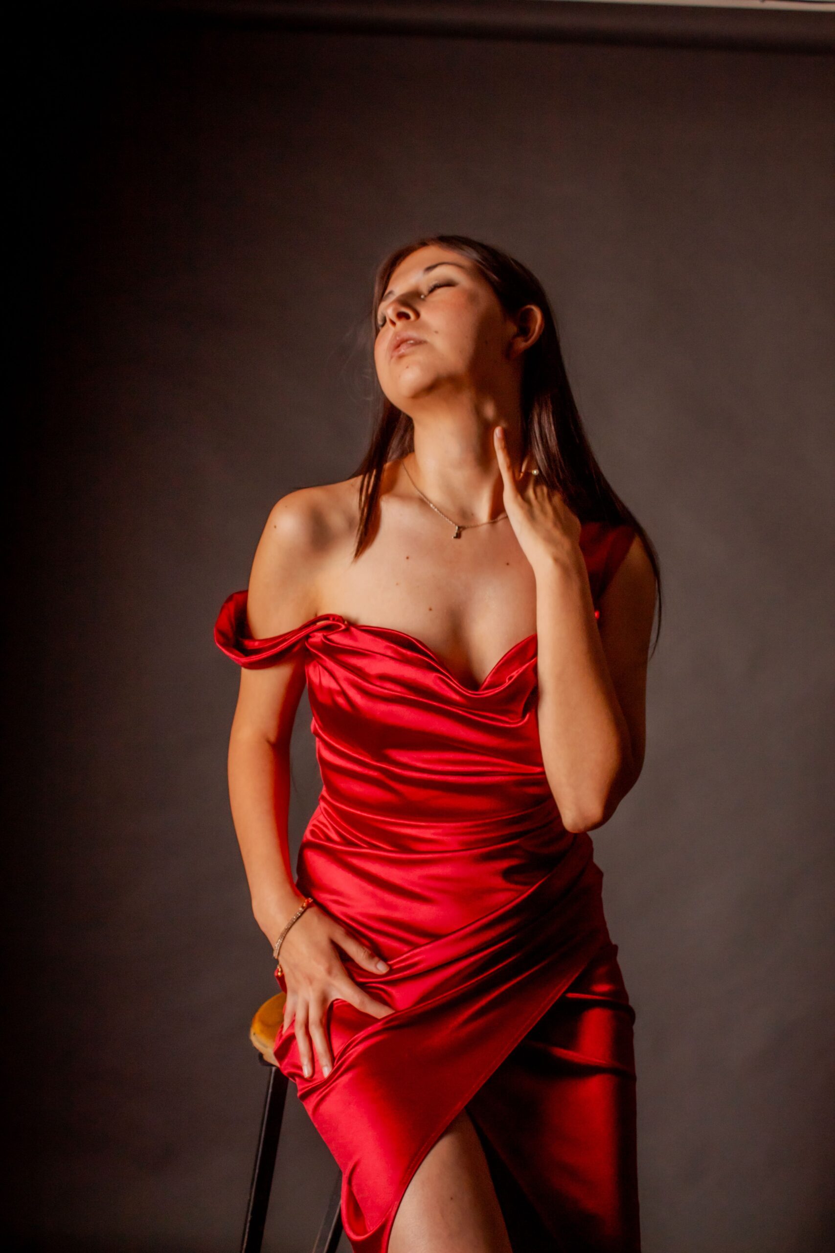 Red Satin Off The Shoulder Cowl Neck Ruched Midi Dress